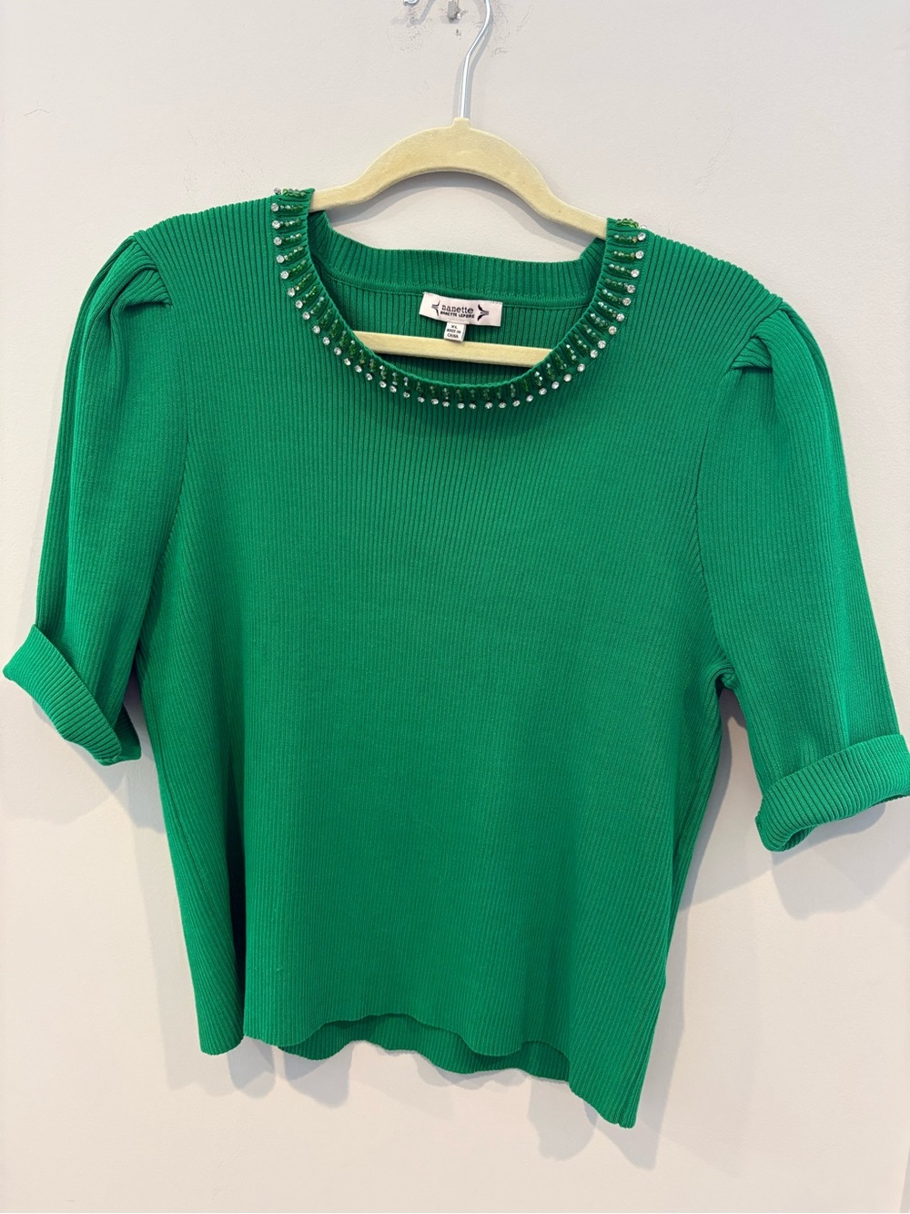 Nanette Lepore Bright Green Ribbed Short Sleeve Top with Jeweled Neckline